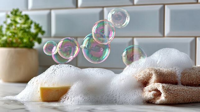 Soap bubbles and suds with soap bar and towel on white tiled surface for bathroom cleaning background and bath banner