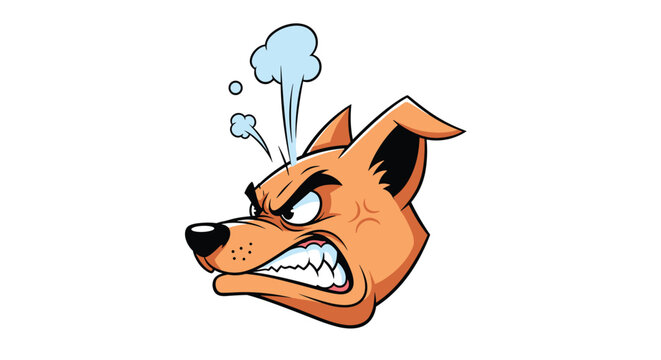 Angry cartoon dog head with steam coming out of its ears and baring its teeth, expressing frustration or rage in a bold graphic illustration.