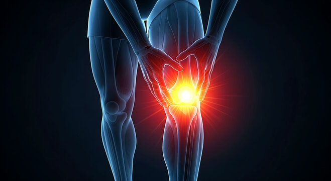 3D illustration of human knee pain and joint inflammation with glowing highlight