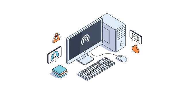 Isometric desktop computer setup with a monitor, CPU, keyboard, and mouse, surrounded by various communication and cloud storage icons.
