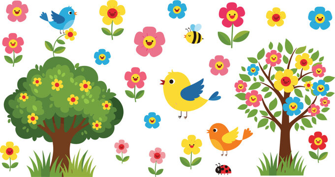 Spring Birds and Flowers with Trees, Bee, and Ladybug