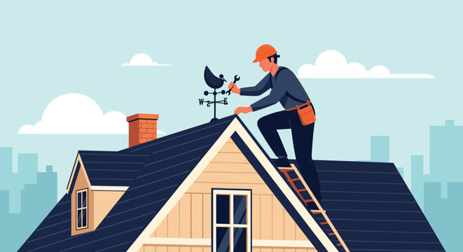 Professional roofer repairing or installing a new roof on a suburban house with a chimney and traditional weather vane.