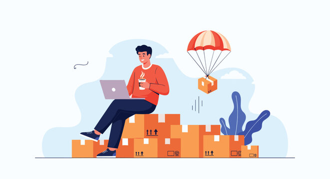 Modern logistics and e-commerce concept with a happy man working on a laptop while sitting on stacked delivery boxes.