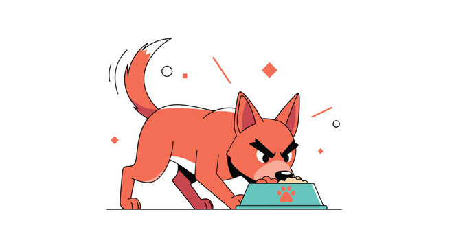 Territorial dog with an angry expression protecting its full bowl of food with raised fur and an arched back.