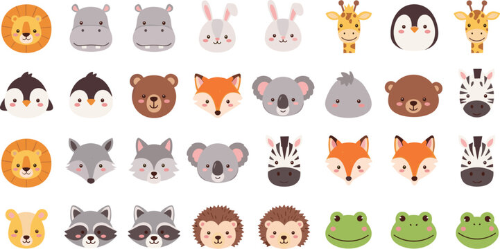 Cute Cartoon Animal Faces Collection of Lions, Rabbits, Giraffes, Frogs, and More
