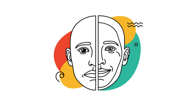 Artistic illustration of a human face split in half showing sad and happy expressions with bold colorful shapes.