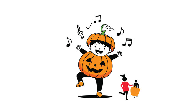 Happy child wearing a pumpkin costume dancing with music notes in the air for a spooky halloween celebration.