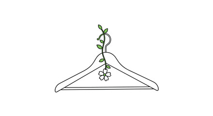 Fototapeta premium Simple line drawing of a wooden clothes hanger with a green vine and a small white flower growing along the top hook part.