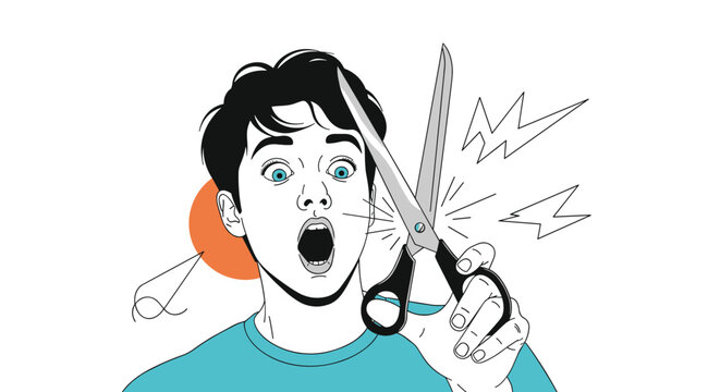 Man with a shocked expression looking at a large pair of scissors with his mouth wide open in a comic book vector style.
