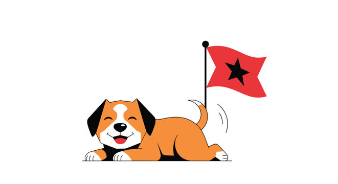 Cute cartoon beagle dog lying down with a red flag featuring a black star waving from its wagging tail.