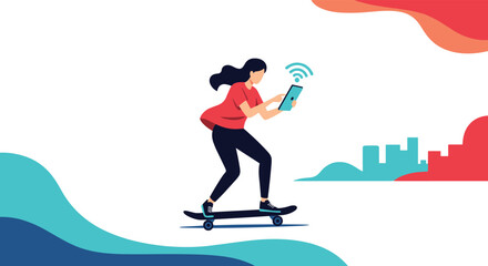Fototapeta premium Active woman riding a skateboard while focused on a digital tablet with a wifi connection symbol against a city skyline.