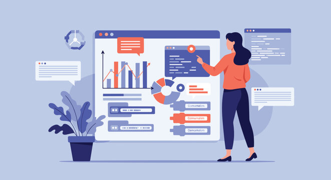Technical analyst woman pointing at a large interface screen displaying various data charts, graphs, and code snippets.