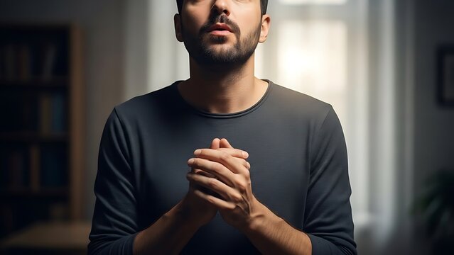 Man Praying with Hands Clasped Together.