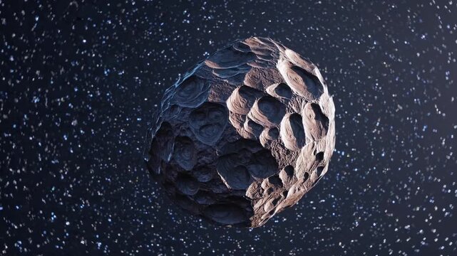 craggy asteroid drifting through dense starfield, closeup view of cratered rock rotating, sunlight casting sharp shadows across surface, tiny dust particles trailing, silent cosmic atmosphere