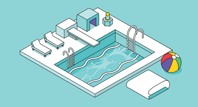 Modern isometric swimming pool scene featuring white lounge chairs, a diving board, and a colorful beach ball.