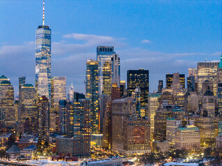Fototapeta premium New York over Hudson River. NYC Manhattan skyline at night. New York downtown panorama. Manhattan skyscrapers horizon.
