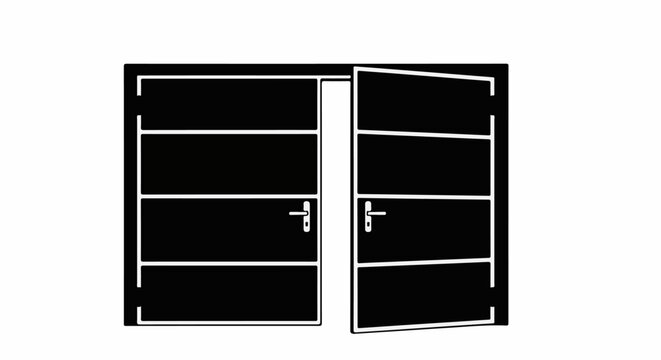 Stylized black and white graphic of an open gate with horizontal panels