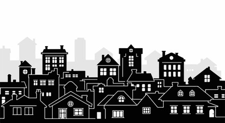 Obraz premium Stylized black and white silhouette of varied houses and buildings, layered