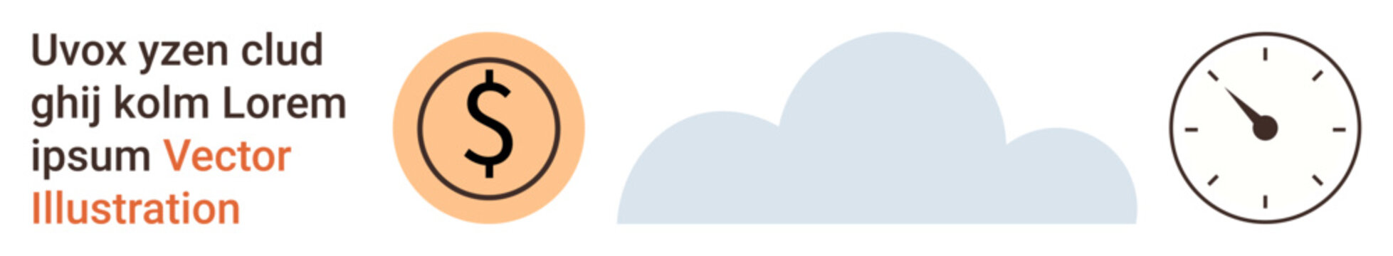 Finance, time management, savings, cloud computing, planning, productivity. A dollar sign, cloud shape and clock displayed in minimalistic style. Finance and time management concept
