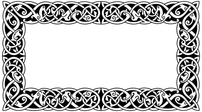 Intricate celtic knot border design with intertwined animal figures decorative rectangle frame for invitations