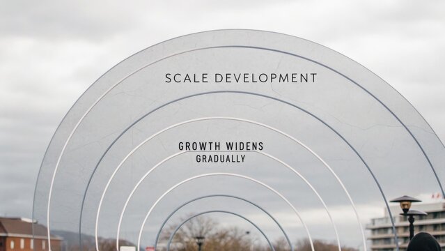 Abstract Sculpture Representing Scale Development and Growth Widening Gradually in a Urban Landscape with Overcast Sky