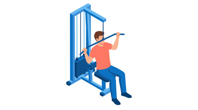 Man exercising on a lat pulldown machine in a gym isometric view fitness and healthy lifestyle concept