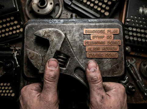 Hands gripping a large adjustable wrench over a toolbox with a checklist of tasks written in copperplate script