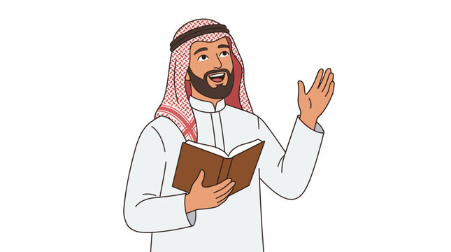 Smiling arab man in traditional thawb and ghutra holding an open book gesturing with hand conveying knowledge