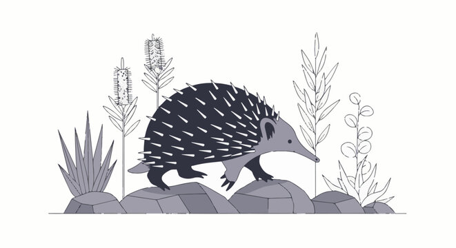 Stylized echidna walks through spiky and leafy plants