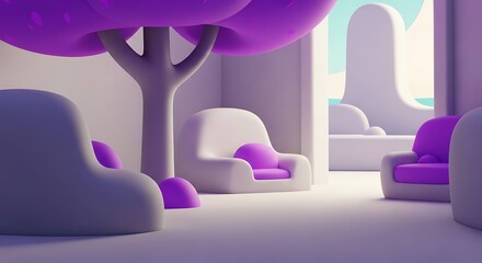 Fototapeta premium Abstract surreal living room interior with soft purple tree and rounded furniture.
