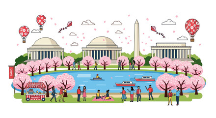 Fototapeta premium Washington DC Cherry Blossom Festival Scene with People, Monuments, and Hot Air Balloons