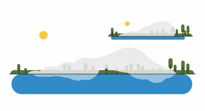 Stylized landscape with sun, clouds, trees, and water reflections