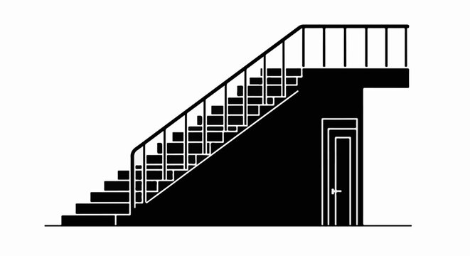 Simple black and white illustration of an outdoor staircase with a railing and a door