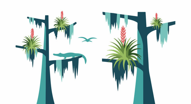 Stylized swamp scene with alligator, bird, and bromeliads on trees