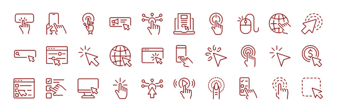 Set of 30 outline icons related to click, cursor. Linear icon collection. Editable stroke. Vector illustration