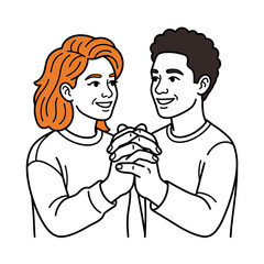 Fototapeta premium Couple holding hands looking at each other with smiles conveying affection and connection representing partnership and unity in a stylized drawing representing companionship and shared moments