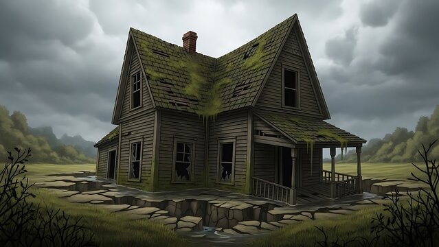 Abandoned old house in countryside landscape.