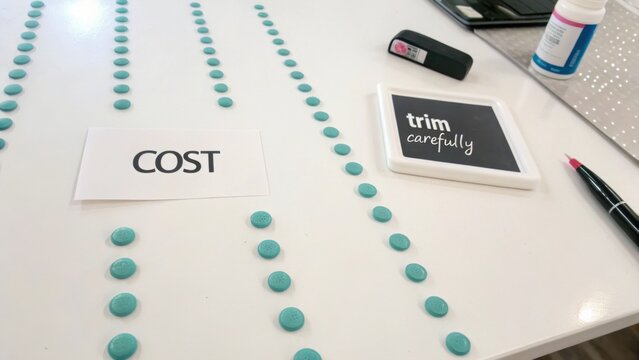 Cost Analysis with Mint Blue Tokens and Instructions for Proper Trimming on a White Table Surface in a Bright Workspace Environment
