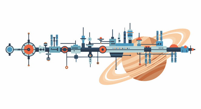 Stylized orbital station with rings, futuristic, geometric, science fiction, illustration