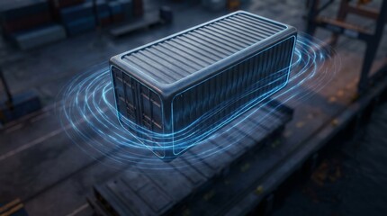 Fototapeta premium Shipping container with glowing blue energy waves in industrial port