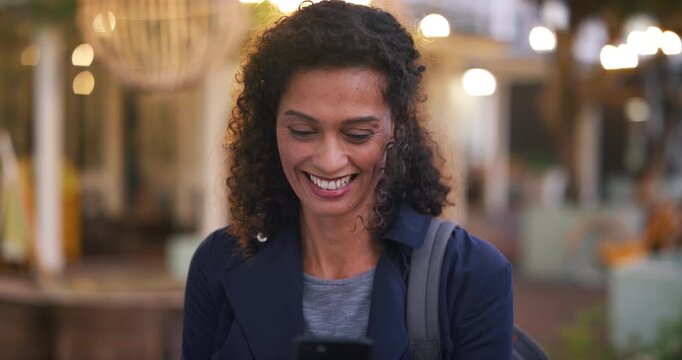 Happy, business and woman with phone in city for travel, schedule update and social media post. Mature person, laugh and evening commute with mobile, browsing website and notification of text message
