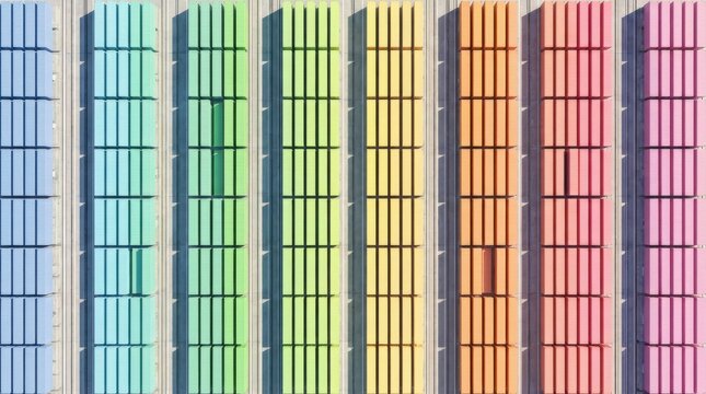 Aerial view of colorful stacked wooden pallets in rows