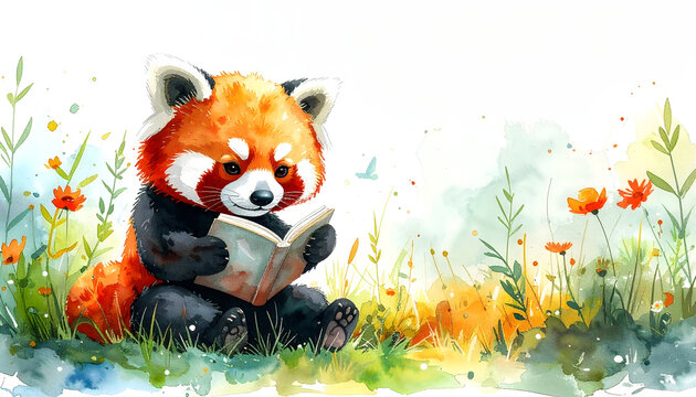 A watercolor illustration of a red panda reading a book while sitting among delicate meadow flowers. For creative projects related to wellness, mindfulness, solitude, comfort, and for book lovers