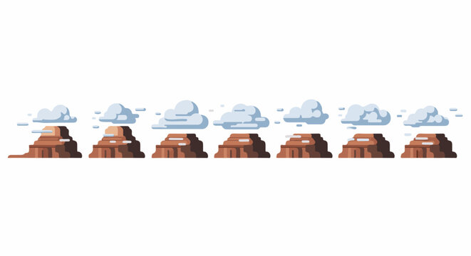 Stylized pixel art of mesas and clouds in a row