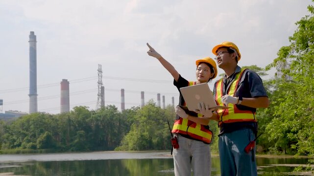 Environmental engineers working onsite at reservoir near power plant, inspecting green space and wastewater treatment quality using tablets, coordinating for sustainable water resources management