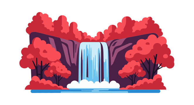 Stylized pixel art waterfall cascading into a pool, framed by red trees