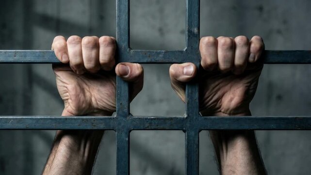 Hands gripping iron prison bars close up desperate prisoner behind bars concept of captivity loss of freedom and incarceration

