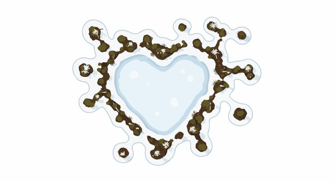 Top-down view of a heart-shaped frozen pond surrounded by snow and bare trees