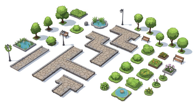 Isometric park landscape elements set, 3D vector garden map creator with trees and bushes, stone walkway tiles and outdoor furniture kit for city planning