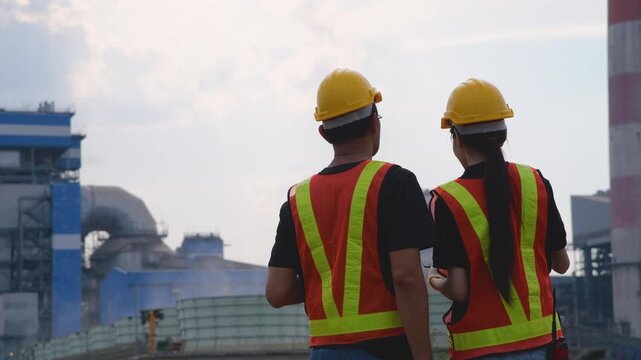 Back of female and male electrical engineers or technician workers standing against factory's power plant with cooling tower water vapour, safety check and quality assessment in modern industrial work